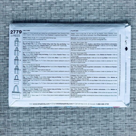 SIMPLICITY SEWING PATTERN 2779 BAG PURSE TOTE 6 VARIATIONS UNCUT - Picture 2 of 2